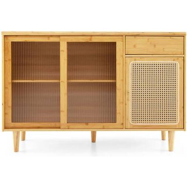Costway 3 Door Single Drawer Natural Bamboo Storage Cabinet - Cream - 143 x 49 x 16cm