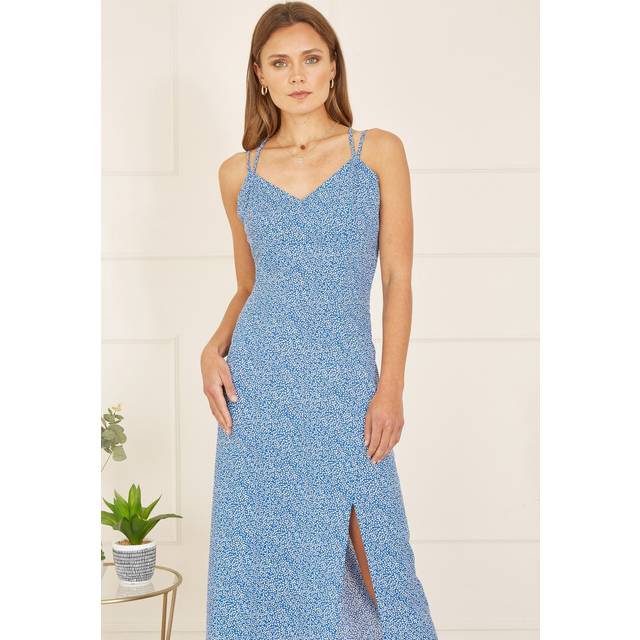 Mela Blue Ditsy Print Midi Dress With Side Split - Size 14 UK - Mela