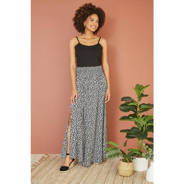 Mela London Womens Black Daisy Print Ruched Waist Maxi Skirt With Split Hem - Size Small