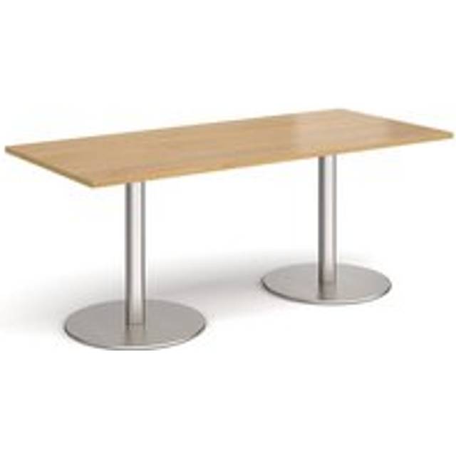 Monza Rectangular Cafe and Bistro Dining Table with Flat Round Brushed Steel Base - Top 1800mm x 800mm - Grey Oak