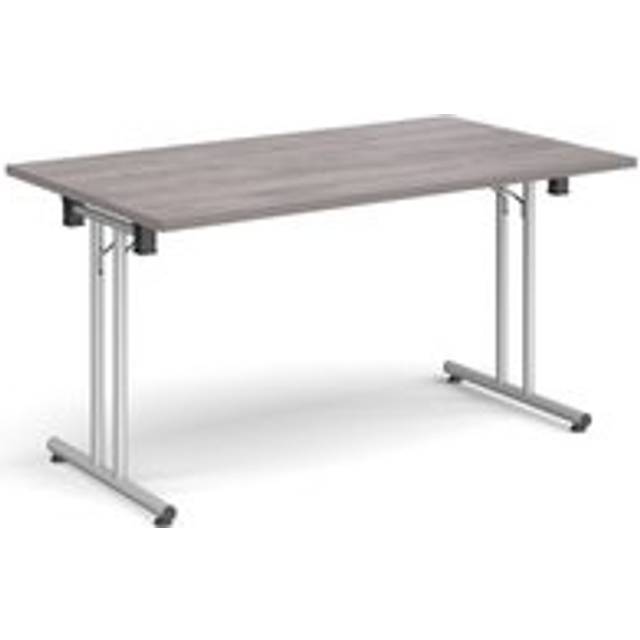 Rectangular folding leg table with silver legs and straight foot rails 1400mm x 800mm - grey oak