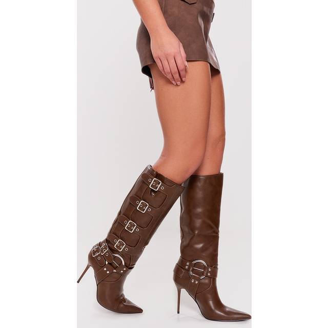 Chocolate PU Point Toe Buckle Detail Knee High Heeled Boots, Chocolate - 8