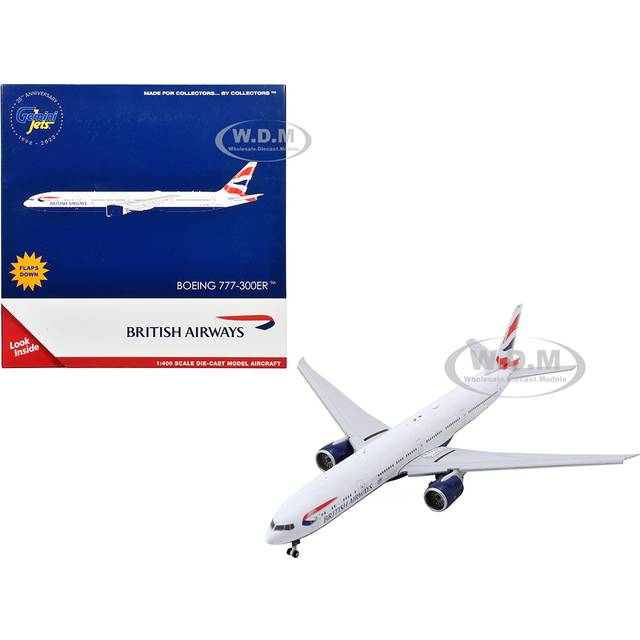 Boeing 777-300ER Commercial Aircraft with Flaps Down "British Airways" (G-STBH) White with Striped Tail 1/400 Diecast Model Airplane by GeminiJets