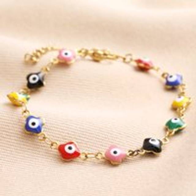 Gold Stainless Steel Colourful Enamel Evil Eye Charm Bracelet - gold/red/blue - one size