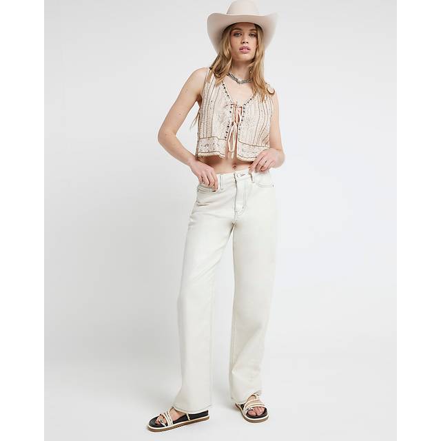 River Island Womens Cream High Waisted Glitter Straight Jeans - 14R