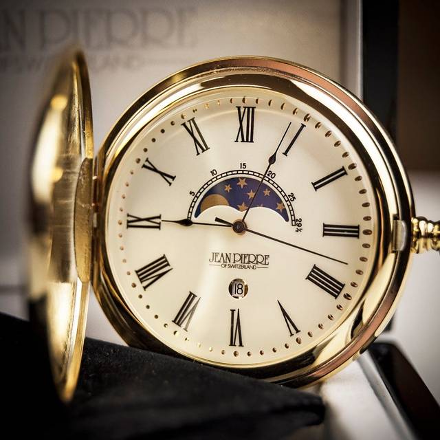 Jean Pierre Gold Plated Moon Dial Pocket Watch - can be Engraved or Personalised