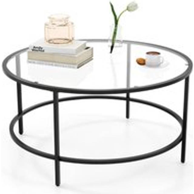 Round Coffee Table Tempered Glass Top Metal Center Snack Tea Cocktail Table - Black - One Size
