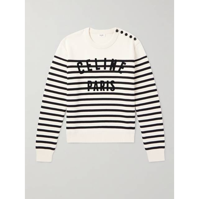 CELINE HOMME - Logo-Flocked Striped Button-Embellished Cotton Sweater - Men - Neutrals - M