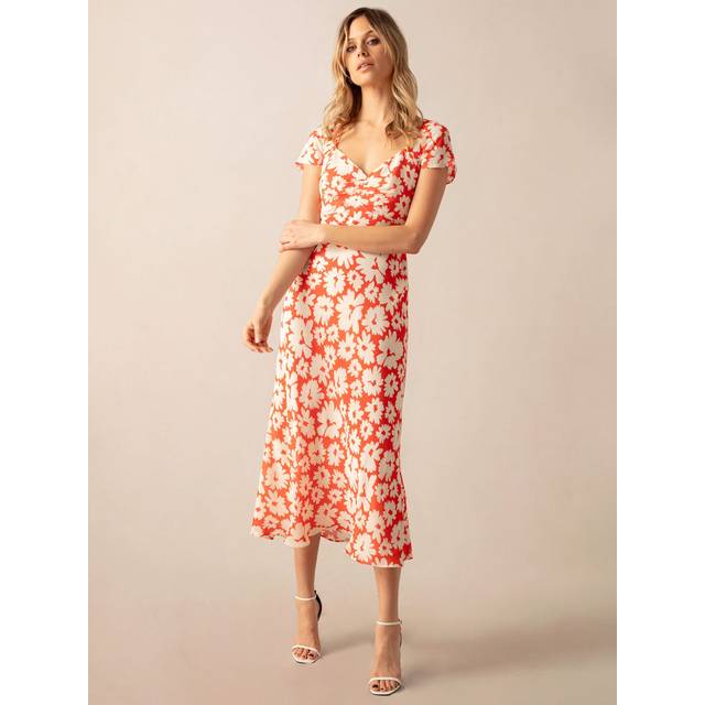 Red Daisy Print Sweetheart Neckline Midi Dress (6)