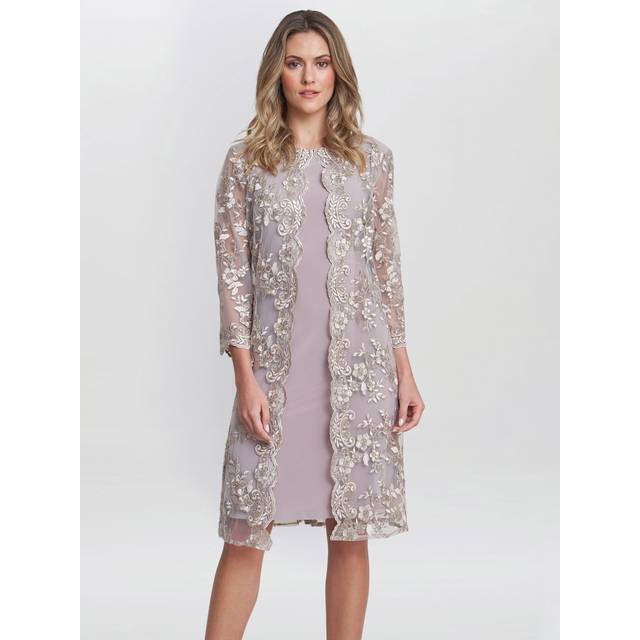 Gina Bacconi Daryl Embroidered Mock Jacket Dress, Taupe