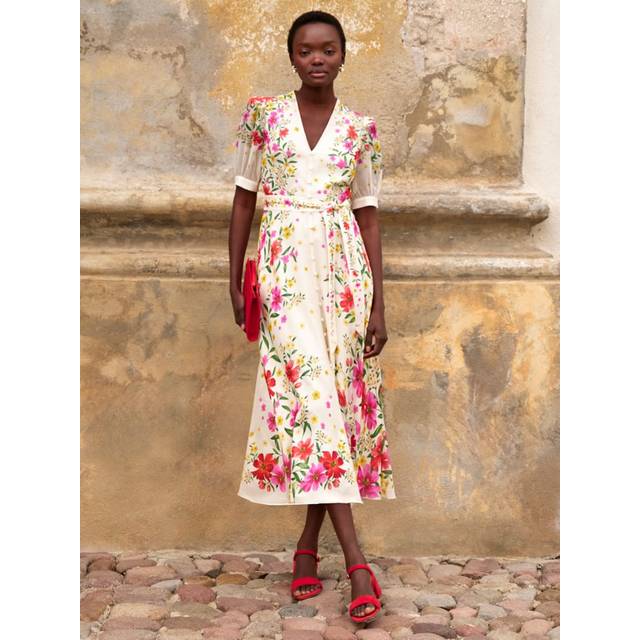 Hobbs Aurelia Cascading Floral Print Silk Midi Dress, Cream/Multi