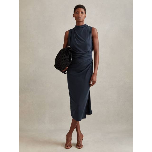 Reiss Womens Vy Beaux High-neck Draped Woven Midi Dress L - NAVY