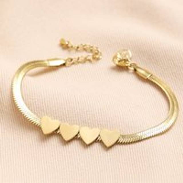 Gold Stainless Steel Four Heart Charm Herringbone Bracelet - gold - one size