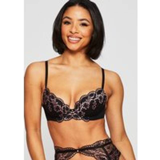 Womens Sexy Lace Padded Plunge Bra - Black - 44FF
