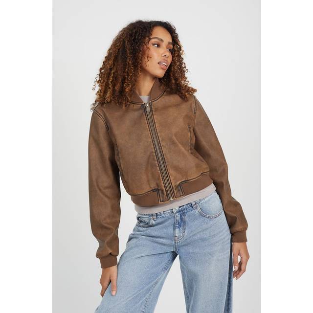 Vintage PU Cropped Bomber Jacket - Brown - Size 10 - Brave Soul