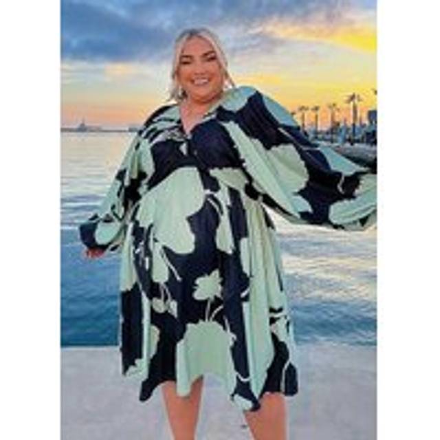 In The Style x Black Elasticated Plunge Neck Volume Sleeve Smock Dress - Denim