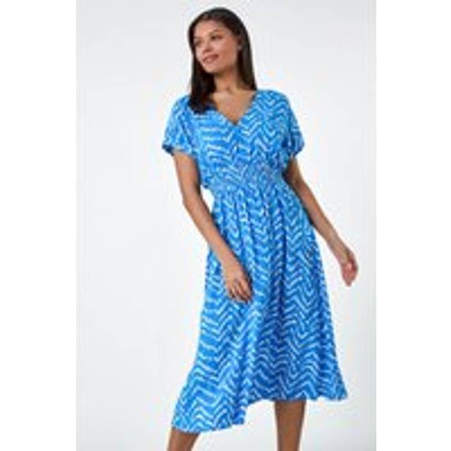 Abstract Floral Zig Zag Print Midi Dress - Blue - Size 16 - Roman