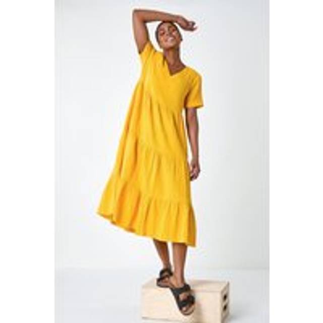 Mango Cotton Textured Tiered Midi Dress - Amber - Size 10 - Roman