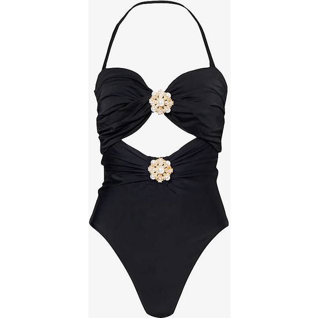 Self-portrait Womens Black Floral-embellished Bandeau-neck Swimsuit 8 - BLACK