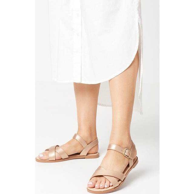 Womens Wide Fit Florence Faux Leather Cross Strap Flat Sandals - Rose Gold - 5