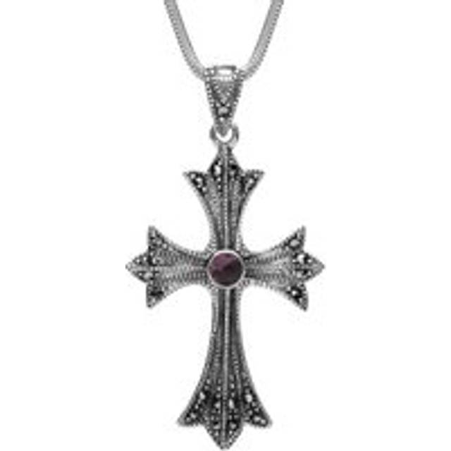 Sterling Silver Blue John Marcasite Three Point Cross Necklace - Silver