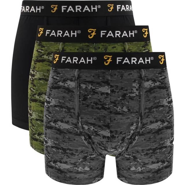 (Black/Grey/Camo, S) Farah Designer Mens Boxer Shorts 3 Pack Gift Set