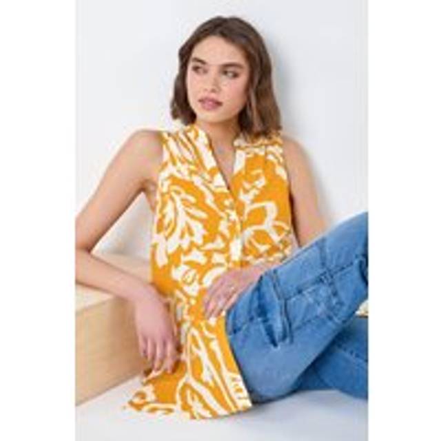Roman Womens Floral Print Sleeveless V-Neck Button Blouse - Yellow - Size 10 UK