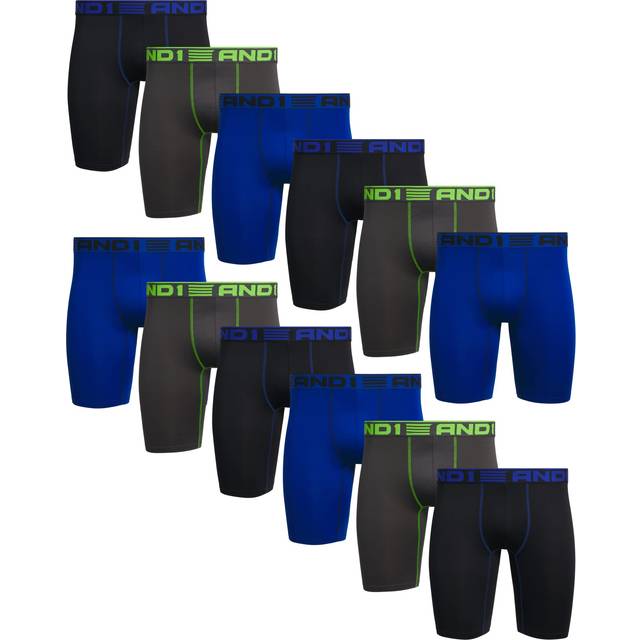 AND1 Men's Underwear - 12 Pack Long Leg Performance Compression Boxer Briefs S-3XL  Size Large  Blue/Grey/Black