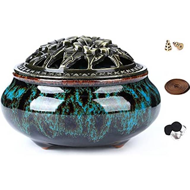 LAMDAWN Ceramic Incense Burner with Incense Stick Holder + Insulation use for Stick or Coil Incense  Sage Cones and Frankincense (Fambe Blue)