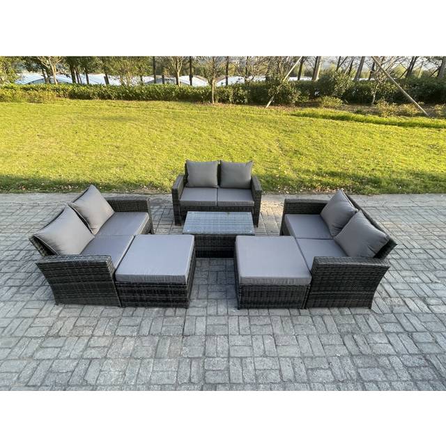 Fimous Rattan Garden Furniture Set 8 Seater Patio Outdoor Lounge Sofa Set with Rectangular Coffee Table 2 Big Footstool Dark Grey Mixed