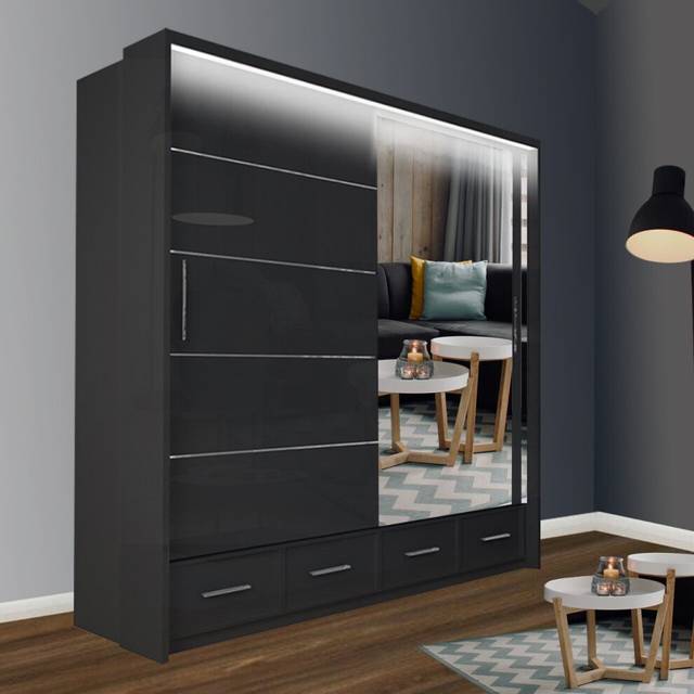 (Black, 150cm) MN FURNITURE High Gloss Sliding Mirror Wardrobe