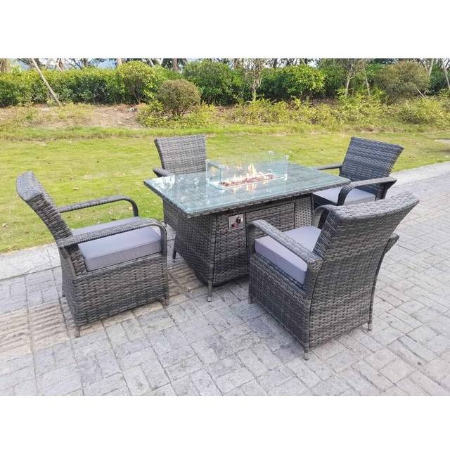 Rattan Garden Furniture Gas Fire Pit Rectangle Dining Table Gas Heater And Dining Chairs 4 Seater - Fimous