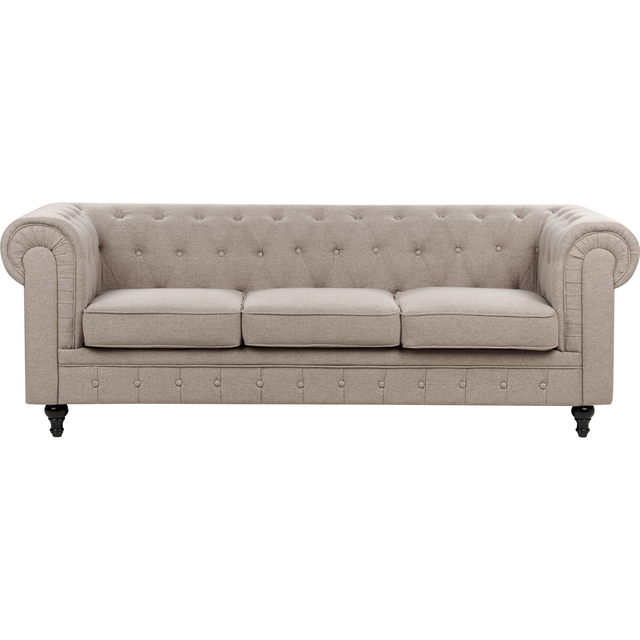 Retro Vintage Scroll Arm 3 Seater Fabric Sofa Tufted Back Taupe Chesterfield