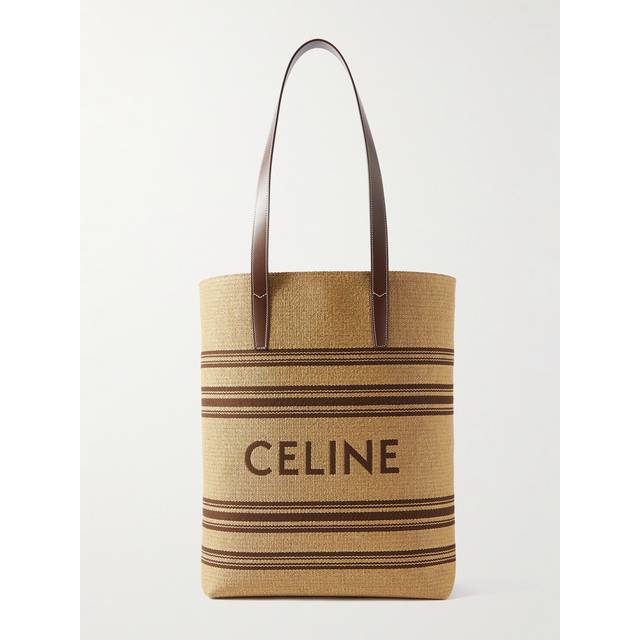 CELINE HOMME - Striped Logo-Embroidered Leather-Trimmed Raffia Tote - Men - Neutrals