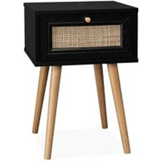 Sweeek - Woven rattan bedside table with drawer, Boheme, Black, 39x39x55.4 cm