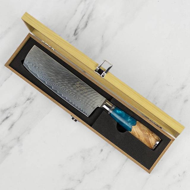 Katana Saya Ocean 18cm Damascus Nakiri Knife - can be Engraved or Personalised - Blue