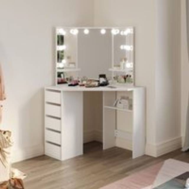 Corner Dressing Table, led Vanity Makeup Desk with 3 Mirrors 5 Drawers, White Bedroom Furniture Corner Curved Vanity Table - Elegant