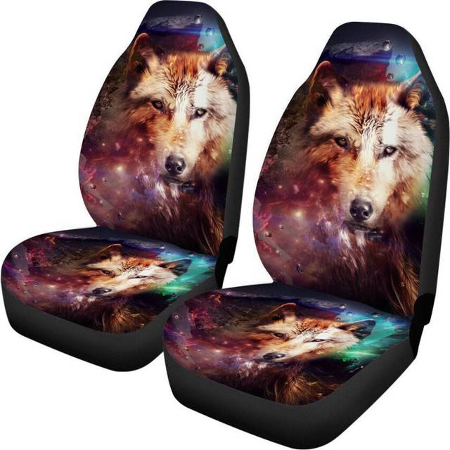 (Brown - 2 Pcs) 1/2PCS Front Car Seat Cover Protector Wolf printed Non-slip Universal