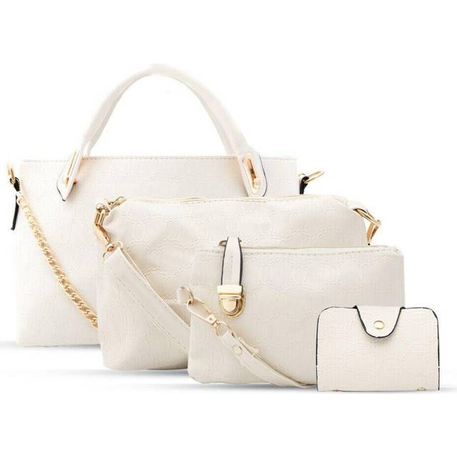 (Buy 1 - White) Women 4 Pcs Leather Handbag Set, White/Purple