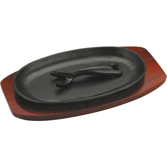 "Cast Iron Sizzle Platter With Wooden Serving Board Sizzler Plate 9"" X 5"""
