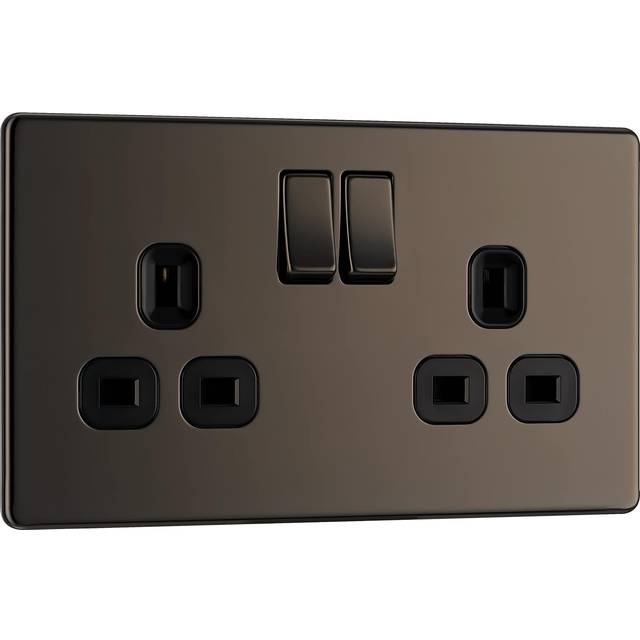 BG Screwless Flatplate Black Nickel Double Switched 13A Power Socket - Black Insert - FBN22B