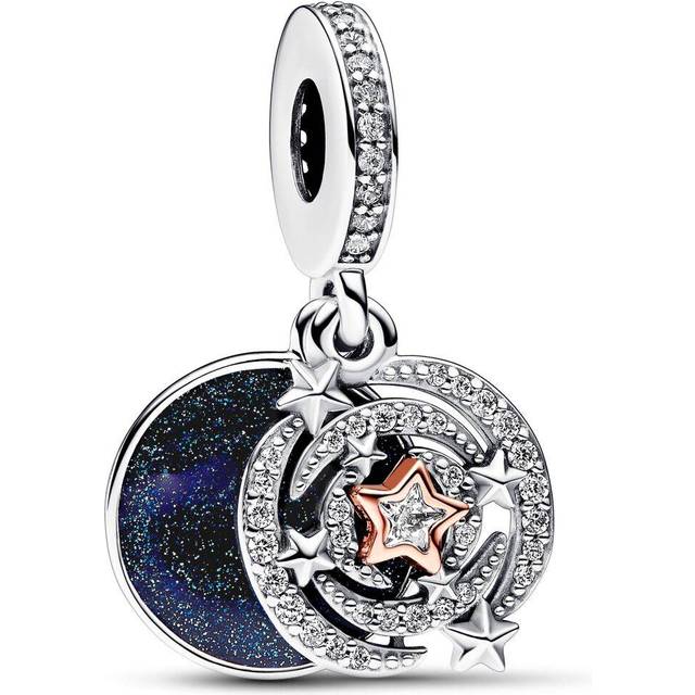 Pandora Two-tone Shooting Star Double Dangle Charm - Enamel / Sterling silver and 14k Rose gold-plated unique metal blend / Cubic zirconia / Blue - one size