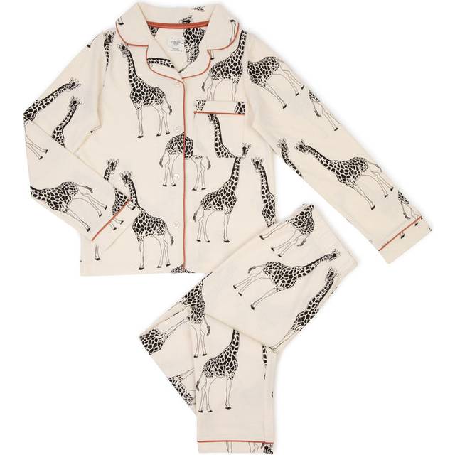 Chelsea Peers Kids' Giraffe Organic Cotton Button Up Long Sleeve Pyjama Set, Cream/Multi
