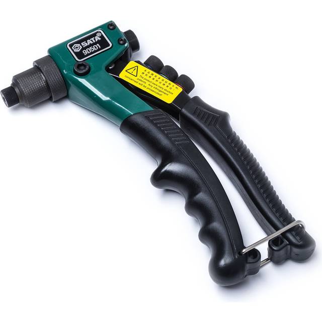 ST90501SC 8-Inch Riveter Gun, with a Heavy-Duty Steel Body and a Spring-Loaded Rubber Handle That Ejects Rivet Stems Automatically