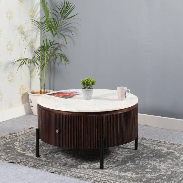 IH Design Luxor Mango Wood Round Fluted Coffee Table With Marble Top & Metal Legs, Brown