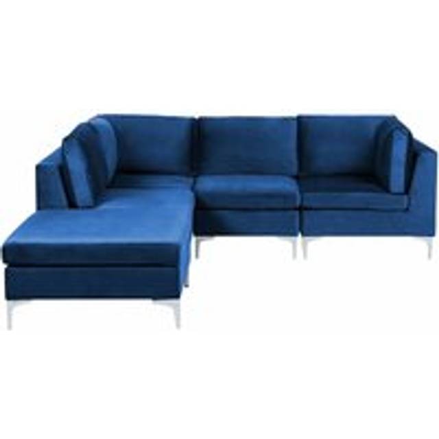Beliani Right Hand 4 Seater Modular Velvet Corner Sofa With Ottoman Blue Evja, Blue