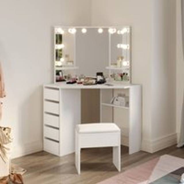 ELEGANT Corner Dressing Table, LED Vanity Makeup Desk Set with 3 Mirrors 5 Drawers, White Bedroom Furniture Corner Curved Vanity Table with Stool