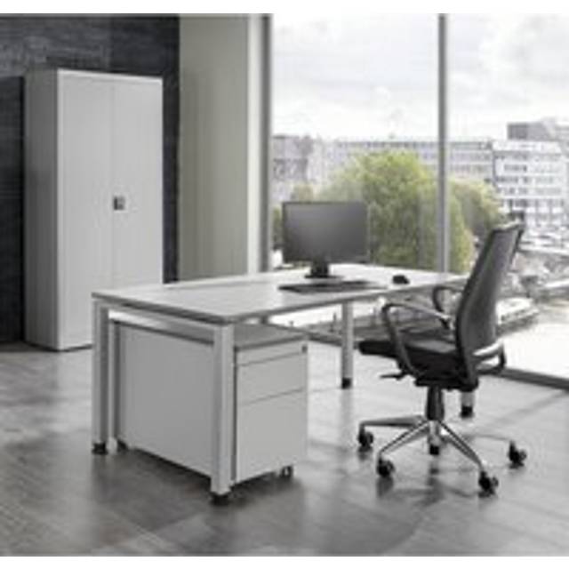 mauser desk, hinged door cupboard, mobile drawer unit with suspension file drawer, desk, hinged door cupboard, mobile drawer unit with suspension file drawer, light grey - light grey RAL 7035