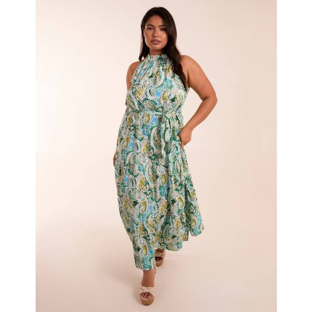 Blue Vanilla Womens Curve Halter Neck Paisley Maxi Dress - Green - Size 22 UK