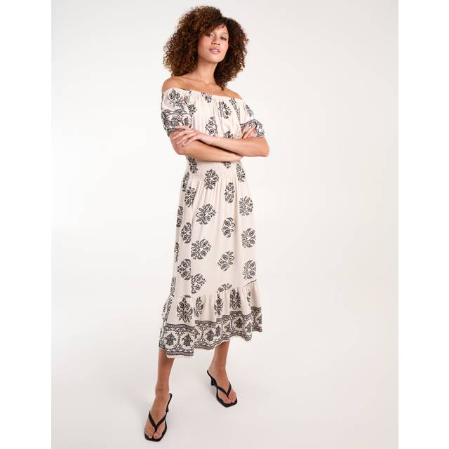 Batik Print Shirred Waist Midi Dress - White - Small - Blue Vanilla